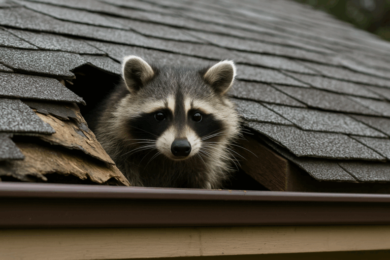 Raccoon peeking out from a hole in a roof, illustrating common wildlife intrusions in residential properties.