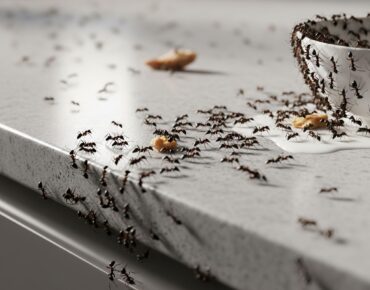 Close-up of a kitchen countertop infested with numerous ants foraging near food debris, illustrating the common household pest problem and the need for effective ant control services.