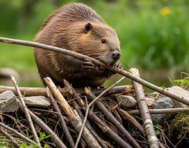 Beaver building a dam with sticks and branches near water, illustrating wildlife management challenges addressed by Rock Pest Control.