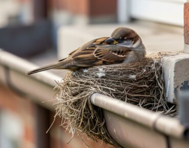 Bird resting in a nest made of twigs and debris on a gutter, illustrating bird nesting issues on residential properties.