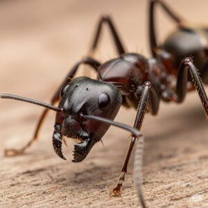 Close-up of a carpenter ant, showcasing its large mandibles and shiny black body, emphasizing its role as a wood-destroying pest that can cause structural damage to homes.