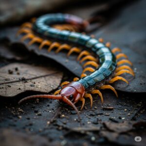Centipede on leaves, showcasing its segmented body and numerous legs, representing pest control concerns in homes.