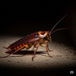 Cockroach in dark setting, highlighting pest's features, emphasizing health risks and infestation concerns related to cockroach management services.