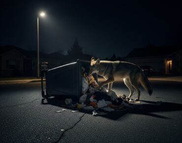 Coyote rummaging through overturned trash can at night, highlighting urban wildlife interactions and attractants for effective coyote management.