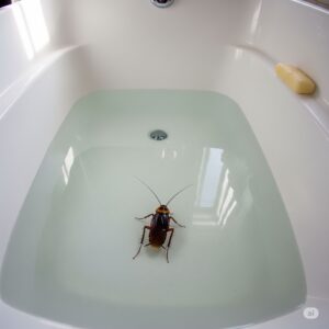 Cockroach in a bathtub filled with water, illustrating a common pest problem in homes and emphasizing the need for effective roach control solutions.