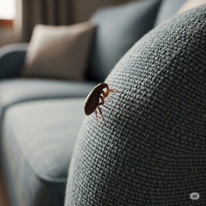 Flea on upholstered couch, highlighting potential indoor infestation and the need for effective pest control services.