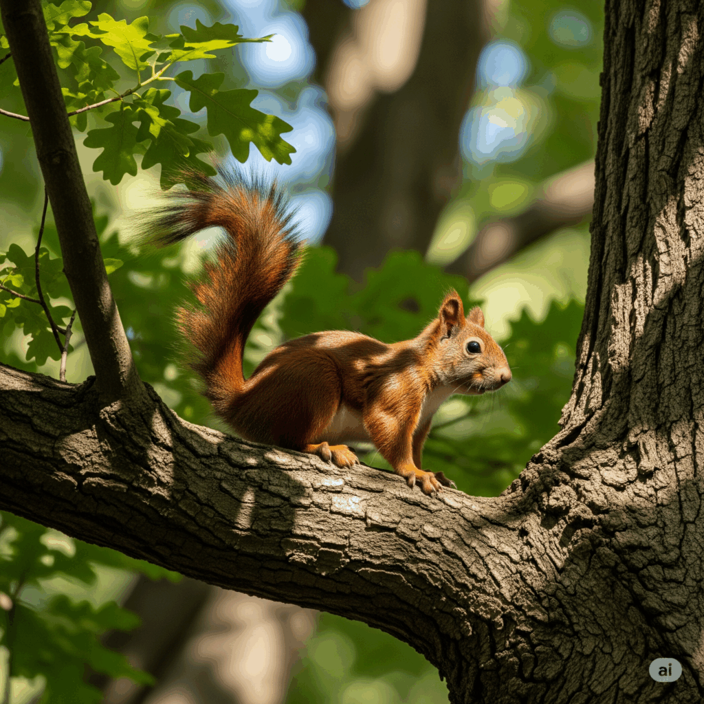 Squirrel perched on a tree branch surrounded by green leaves, illustrating wildlife often associated with home infestations and the need for humane removal services.