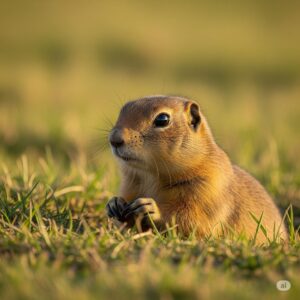 Gopher sitting in grass, showcasing features of a burrowing rodent known for damaging lawns and gardens, relevant to pest control services.