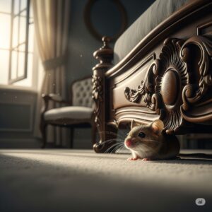 Mouse emerging from under ornate bed in a well-lit room, highlighting indoor pest issues related to effective mouse removal and prevention techniques.