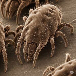 Close-up image of mites, highlighting their distinct features and anatomy, relevant to pest control services for mite infestations in homes and businesses.