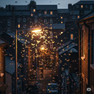 Moths swarming around a streetlight in an urban alley, illustrating the prevalence of moth infestations in residential areas.