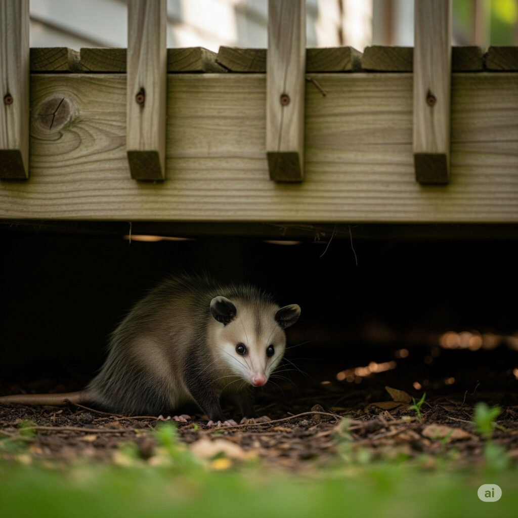 Opossum peeking from under wooden deck, illustrating common sheltering behavior of nocturnal marsupials in residential areas.