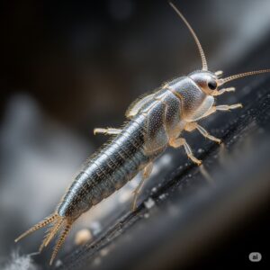 Silverfish insect with a silvery, metallic appearance, showcasing detailed body structure and elongated shape, relevant to pest control services for managing silverfish infestations.