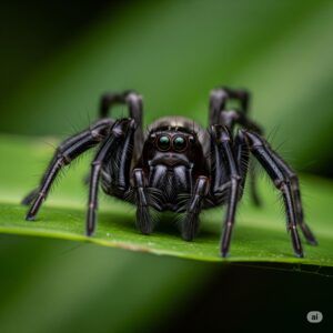 Close-up of a black spider on a green leaf, illustrating common household pest concerns related to spider infestations in residential areas.