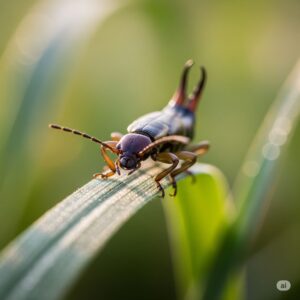 Earwig perched on a green blade of grass, showcasing distinctive pincers, highlighting its natural habitat and relevance to pest control in gardens and homes.