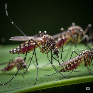 Close-up of mosquitoes on a green leaf, highlighting their detailed features, relevant to mosquito management and pest control services.