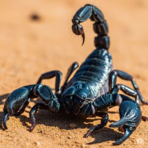 Close-up of a black scorpion on sandy ground, illustrating the intimidating features of this nocturnal arachnid, relevant to scorpion pest control services.