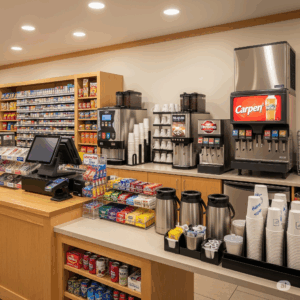 Convenience store interior with coffee and beverage stations, snacks display, checkout counter, and organized shelves, showcasing cleanliness and customer readiness for pest control services.