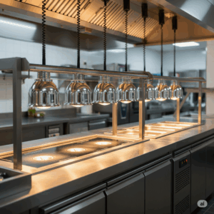 Commercial kitchen setup with stainless steel food warmers and overhead lights, emphasizing a clean and organized environment for restaurant pest control services in Kansas City.