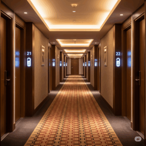 Hotel hallway with numbered doors 21 and 22, featuring ambient lighting and a patterned carpet, illustrating a guest-friendly environment relevant to hospitality pest control services.
