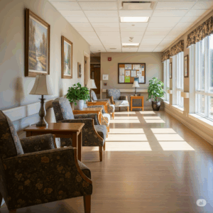 Brightly lit nursing home corridor with comfortable seating, decorative plants, and artwork, emphasizing a welcoming environment for residents.