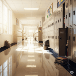 School hallway with lockers, backpacks on the floor, and sunlight streaming through windows, representing a safe learning environment for students.