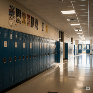Empty school hallway with blue lockers, posters on walls, and bright lighting, illustrating a safe learning environment for students in Kansas City schools.