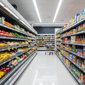Grocery store aisle with fresh produce on one side and packaged goods on the other, showcasing a clean and organized retail environment, relevant to Rock Pest Control's emphasis on maintaining hygiene and compliance in retail settings.