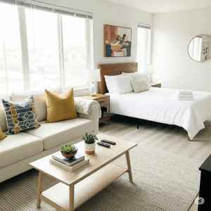 Modern short-term rental living space featuring a cozy sofa with decorative pillows, a neatly made bed, and a coffee table with a plant, emphasizing comfort and guest-friendly design for Airbnb and VRBO properties in Kansas City.