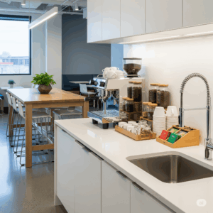Modern office breakroom with coffee station, tea selection, and seating area, emphasizing employee comfort and workplace amenities for pest control management.