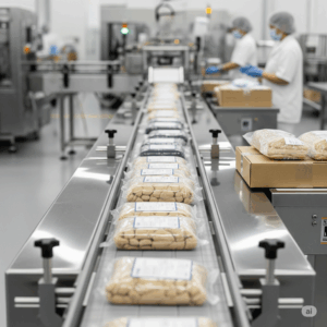 Food processing facility conveyor belt with sealed packages, workers in protective gear, illustrating Rock Pest Control's focus on pest management for food safety and compliance.