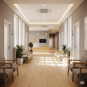 Modern clinic hallway with wooden flooring, seating areas, potted plants, and reception desk, emphasizing a patient-friendly environment for healthcare facilities.