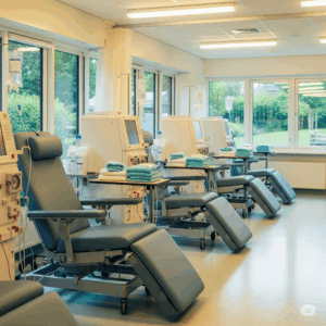 Dialysis treatment area with reclining chairs, medical machines, and towels, emphasizing patient comfort and safety in a healthcare setting.