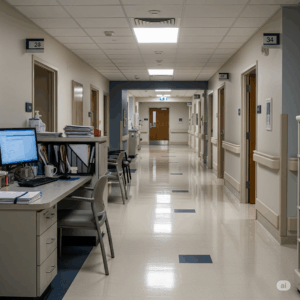 Hospital corridor with patient rooms, desk with computer, emphasizing a clean, organized environment for effective pest management solutions.