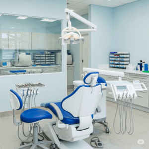 Dental office treatment room with blue dental chair, overhead light, and dental instruments, emphasizing a clean and patient-friendly environment for pest control services in Kansas City.