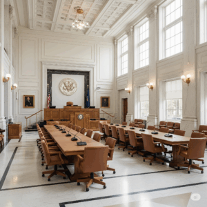 Courtroom interior with wooden benches, chairs, and a large emblem on the wall, representing a government facility suitable for pest control services in Kansas City.
