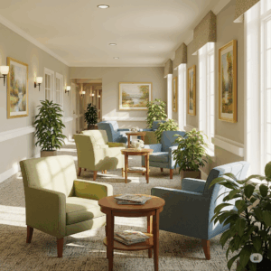 Assisted living facility lounge with comfortable seating, natural light, decorative plants, and artwork, reflecting a safe and inviting environment for residents in Kansas City.
