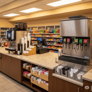 Convenience store beverage station with soda fountain, coffee machines, and snacks, highlighting a clean and organized food-handling area for effective pest control management.