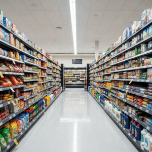 Grocery store aisle filled with various food and household products, illustrating a well-stocked environment relevant to pest control services for maintaining health standards.