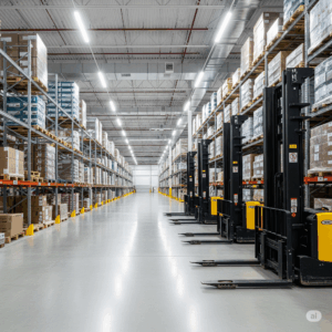 Warehouse interior with tall shelves stacked with boxes, featuring forklifts positioned on a clean floor, illustrating the distribution and storage environment relevant to pest control services in Kansas City.
