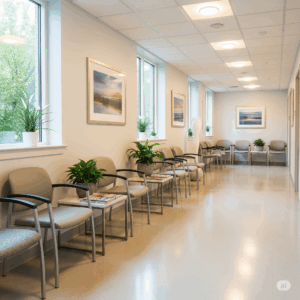 Medical office waiting area with chairs, plants, and artwork, emphasizing a clean and patient-friendly environment for pest control services.