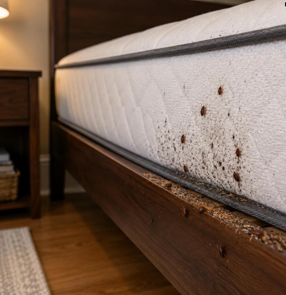 Close-up of bed bugs and shed skins along a mattress seam, showing different life cycle stages from nymph to adult