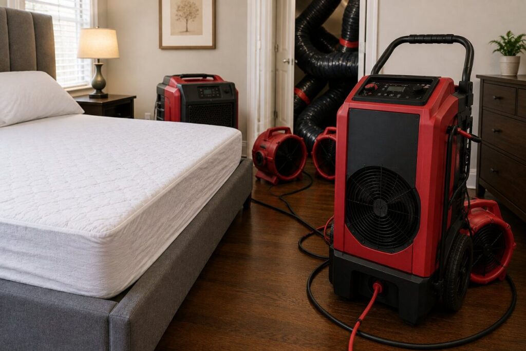 Bed bug heat treatment equipment set up in a bedroom for a follow up treatment