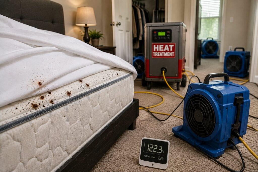 Bed bug heat treatment unit with digital thermostat timeline monitoring room temperature