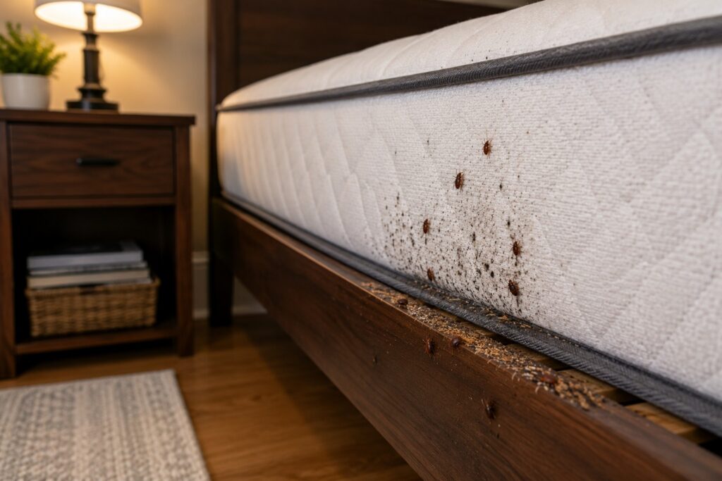 Pest control technician discussing bed bug treatment options with a homeowner