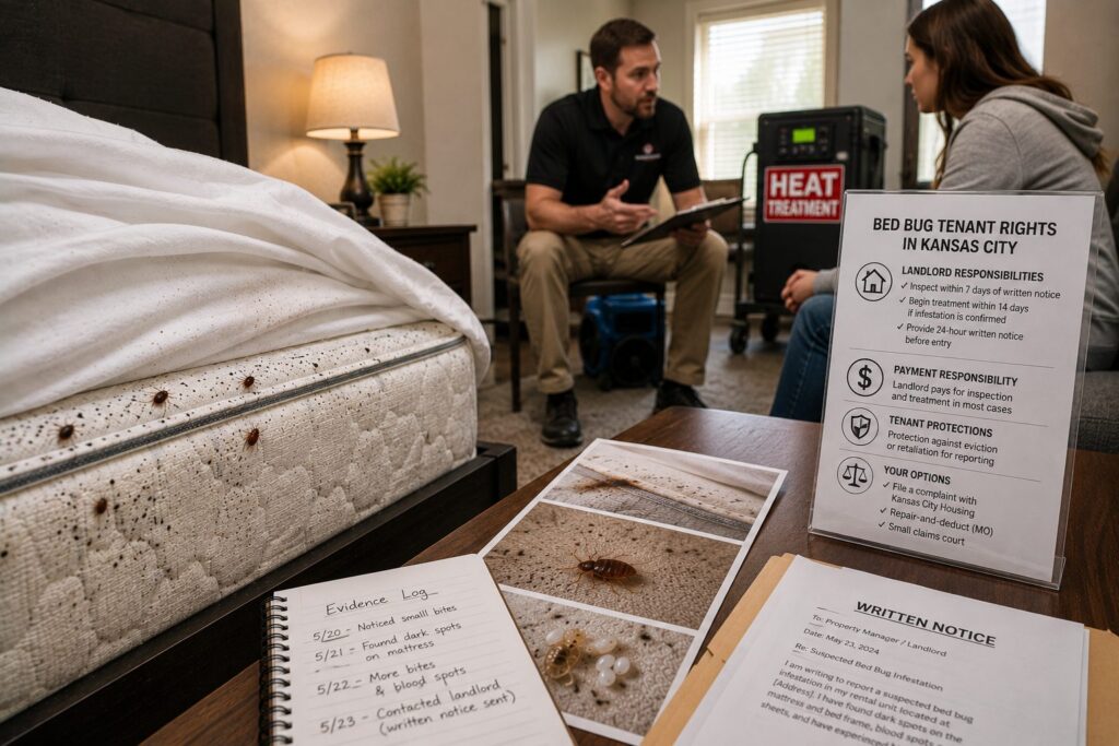 Tenant reviewing a rental lease document related to bed bug treatment responsibility in Kansas and Missouri