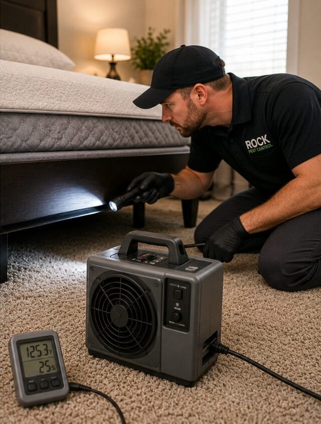 Pest control technician inspecting a bed frame for a bed bug infestation
